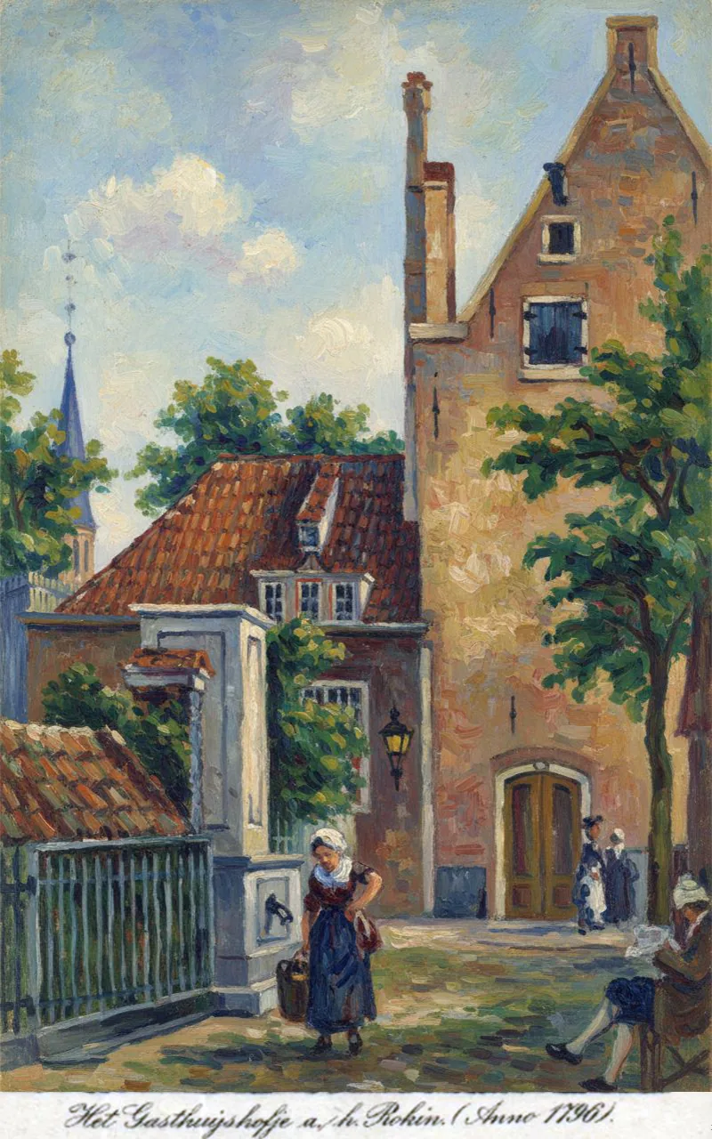 Amsterdam vroeger – het Gasthuyshofje aan het Rokin op een oude prentkaart, als schilderij – Versie B