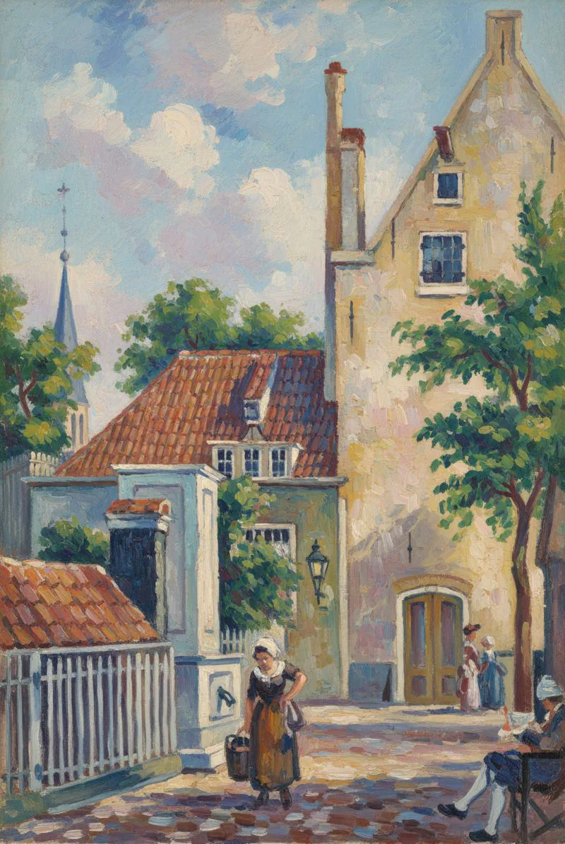 Amsterdam vroeger – het Gasthuyshofje aan het Rokin op een oude prentkaart, als schilderij – Versie D