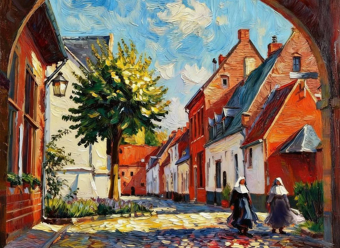 Diest in the old days – the beguinage on an old postcard, as a painting – Version B