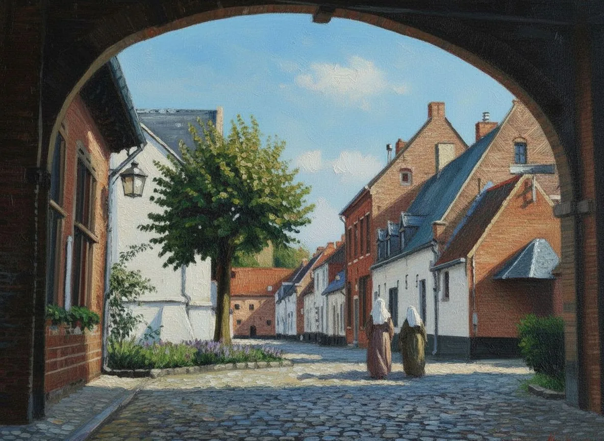Diest in the old days – the beguinage on an old postcard, as a painting – Version C
