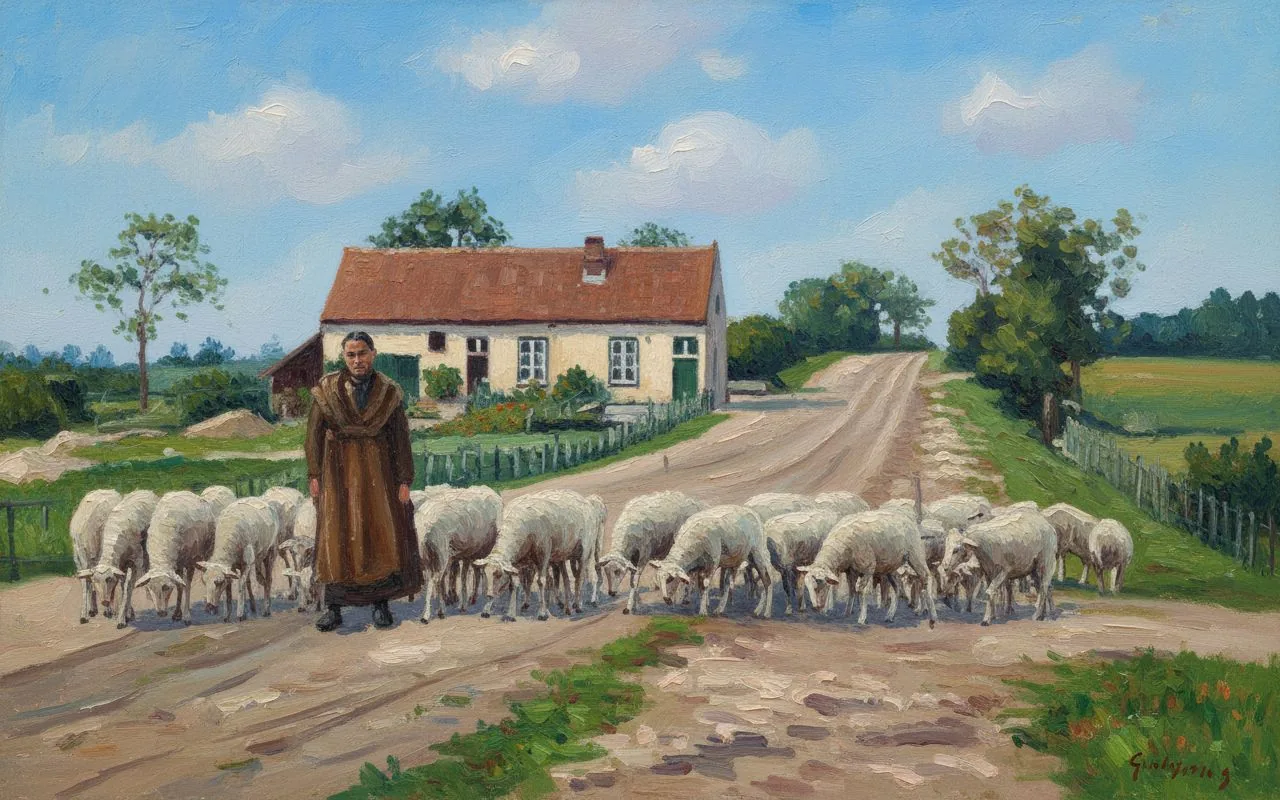 Genk vroeger – een herderin in de Kempen, naar een oude postkaart – Versie C