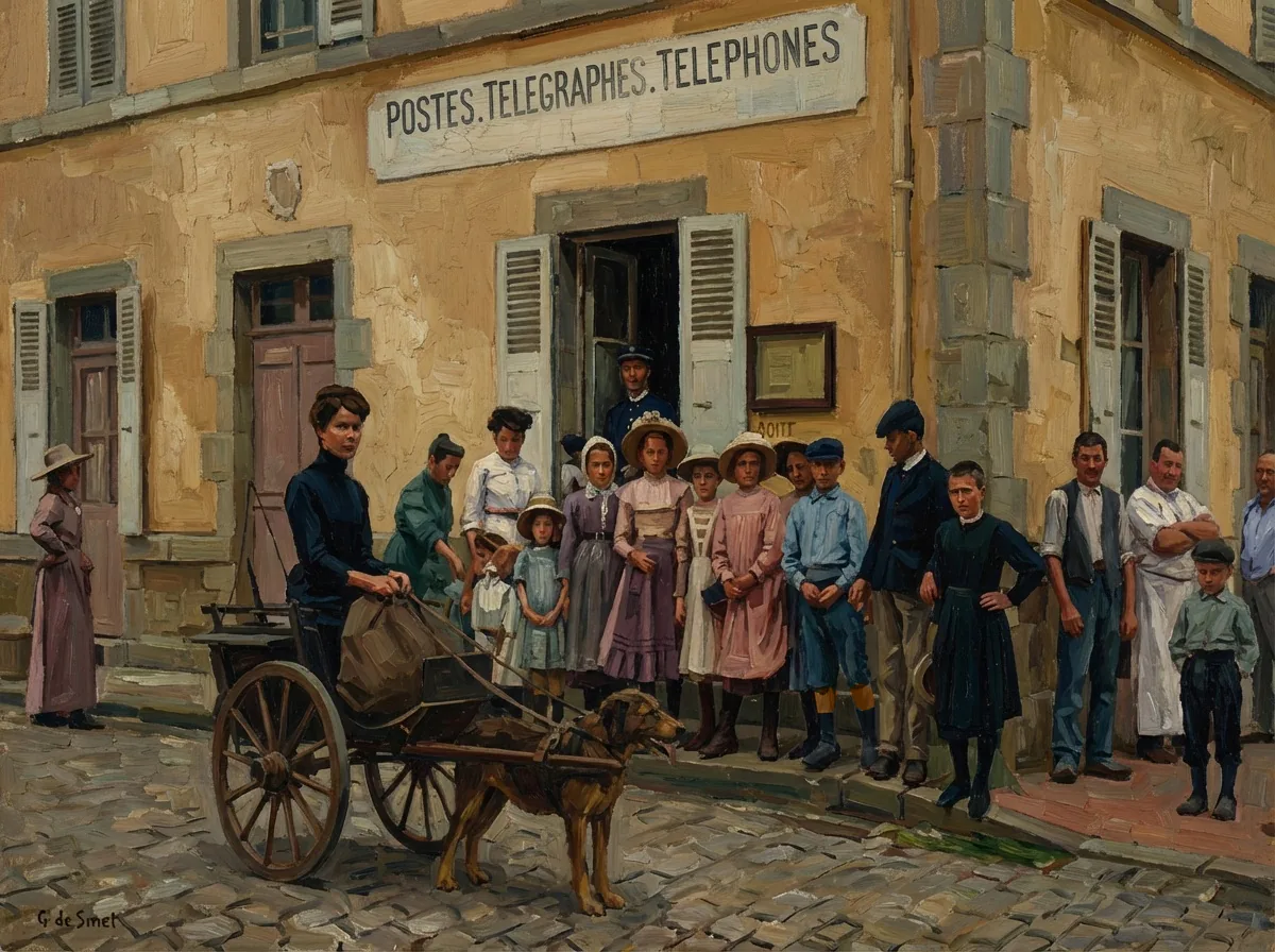 Ousson früher – die Post mit dem Hundekarren auf einer alten Postkarte, als Gemälde – Version B