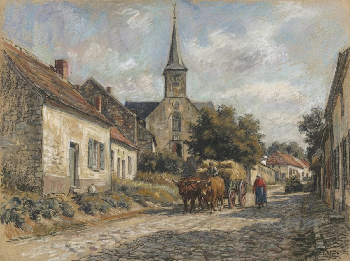 Stockel früher – die Kirchstraße um 1900, als Gemälde – Version B